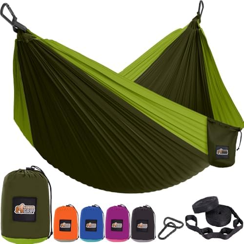 GORILLA GRIP Durable Portable Camping Hammock, Holds 500lbs with Heavy Duty Tree Straps, Comfortable Travel Swing, Camp Hammocks, Easy to Use and Install, Outdoor Essentials, Green, 10x6.5 FT