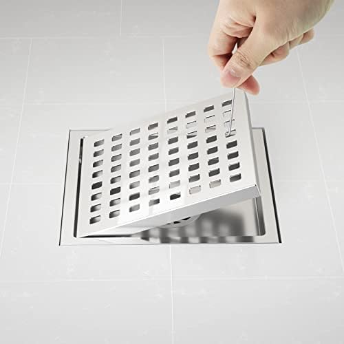 EXF 6 Inch Square Shower Drain Chrome, Stainless Steel Shower Floor Drain Kit with ABS Flange, Removable Grid Cover, Hair Strainer