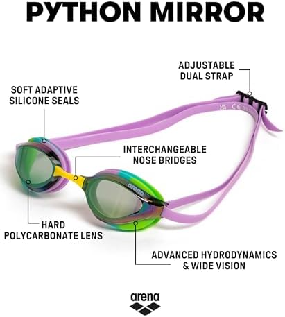 ARENA Unisex Python Racing Swim Goggles for Men and Women Anti-Fog No Leak Max Comfort Dual Strap, Mirror/Non-Mirror Lens