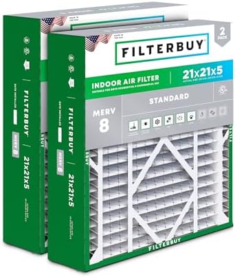 Filterbuy 21x21x5 Air Filter MERV 8 Dust Defense (2-Pack), Pleated HVAC AC Furnace Air Filters Replacement for Rheem, Ruud, and Protech (Actual Size: 20.63 x 20.63 x 4.38 Inches)