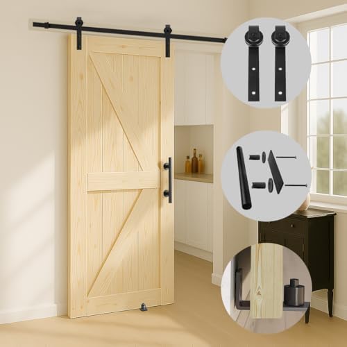 S&Z TOPHAND 36 in. x 84 in. Unfinished British Brace Knotty Barn Door with 6.6FT Sliding Door Hardware Kit/Solid Wood/Sliding Door/Double Surfaces/A Simple Assembly is Required