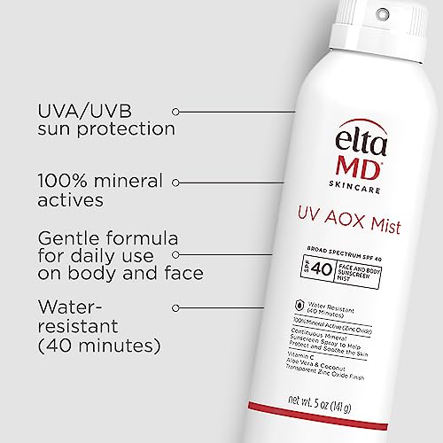 EltaMD UV AOX Mist Mineral Sunscreen Spray, SPF 40 Spray Sunscreen for Face and Body, Zinc Oxide Formula with Antioxidants, 5 oz Bottle (Pack of 2)