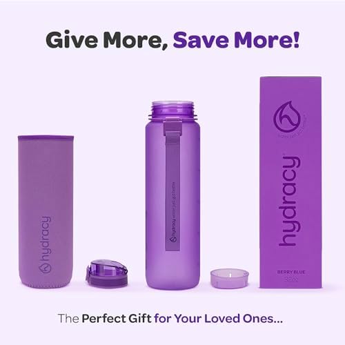 Hydracy Water Bottle with Time Marker -Large BPA Free Water Bottle & No Sweat Sleeve -Leak Proof Gym Bottle with Fruit Infuser Strainer & Times to Drink -Ideal for Fitness Sports & Outdoors