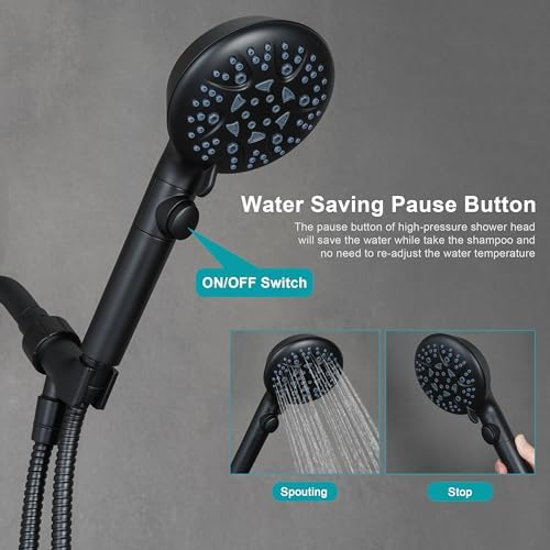 Handheld Shower Head with On Off Switch,8-mode High Pressure Shower Wand with Long Hose and Bracket Extra Adhesive Holder for Lower Mount,Built-in Power Wash to Clean Tub,Tile & Pets,Black…