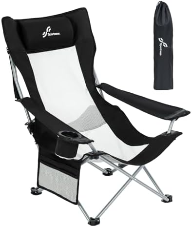 Sportneer Beach Chair: Adjustable Folding Chair with Cup Holder & Side Pocket - Portable & Compact Beach Chairs for Adults with Reclining Positions for Camping Picnic and Outdoor, Black