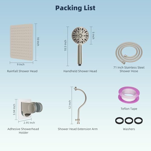 Hibbent All Metal Shower Head, 10'' High Pressure Rainfall Shower Head/Handheld Showerhead Combo/ 12'' Adjustable Curved Shower Extension Arm, 7-Spray, 71'' Hose, Showerhead Holder, Brushed Nickel