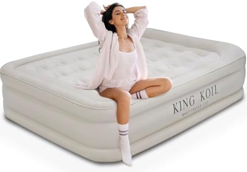 King Koil Luxury Built-in Pillow Top Queen Air Mattress with Built-in High-Speed Pump Best for Home, Camping, Guests, 20" Queen Size Double High Airbed, Blow Up Mattress, Waterproof, 1-Year Warranty