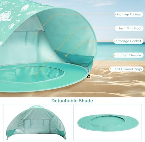 Zooawa Baby Beach Tent, Pop Up Beach Tent Sun Shade for Beach, Portable Shade Pool UV Protection Sun Shelter for Infant with Beach Sand Toys Set