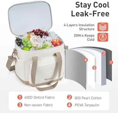 TOURIT Insulated Cooler Bag: 20 Cans Soft Portable Leakproof Lunch Cooler Beach Travel Picnic Camping