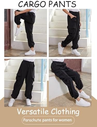 QYANGG Baggy Parachute Pants for Women& Girls Drawstring Elastic Low Waist Ruched Cargo Pants Multiple Pockets Jogger Y2K