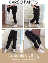 QYANGG Baggy Parachute Pants for Women& Girls Drawstring Elastic Low Waist Ruched Cargo Pants Multiple Pockets Jogger Y2K