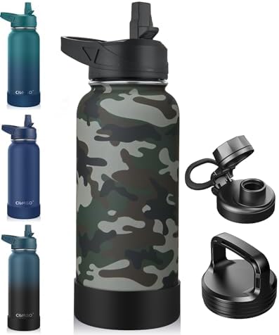 CIVAGO 32 oz Insulated Water Bottle With Straw, Stainless Steel Sports Water Flask Cup with 3 Lids (Straw, Portable Spout and Handle Lid), Double Walled Travel Thermal Canteen Mug, Camo