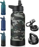 CIVAGO 32 oz Insulated Water Bottle With Straw, Stainless Steel Sports Water Flask Cup with 3 Lids (Straw, Portable Spout and Handle Lid), Double Walled Travel Thermal Canteen Mug, Camo