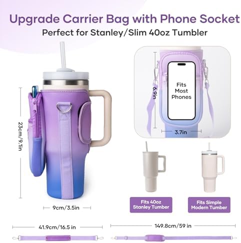 linmaya Water Bottle Carrier Bag with Phone Pocket for Stanley Cup 40/30oz,Insulated Neoprene Water Bottle Holder Cross-boday Bag with Adjustable Shoulder & Handheld Strap Stanley Cup Accessories