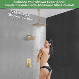 VANFOXLE Shower Faucet Set Brushed Gold Shower System,Push Button Diverter Shower Faucet with 2 in 1 Handheld,Ceiling Mount 10 Inch Shower Head with 6 Inch Wall Mount Shower Head