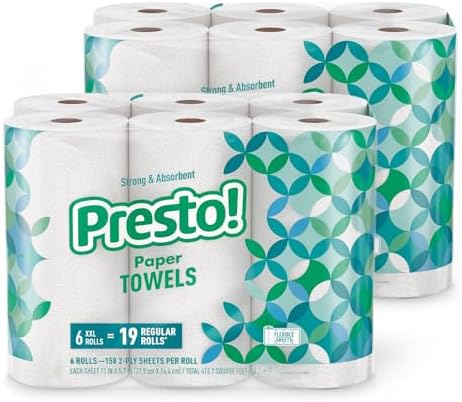 Amazon Brand - Presto! Flex-a-Size Paper Towels, 158 Sheet Huge Roll, 12 Rolls (2 Packs of 6), Equivalent to 38 Regular Rolls, White