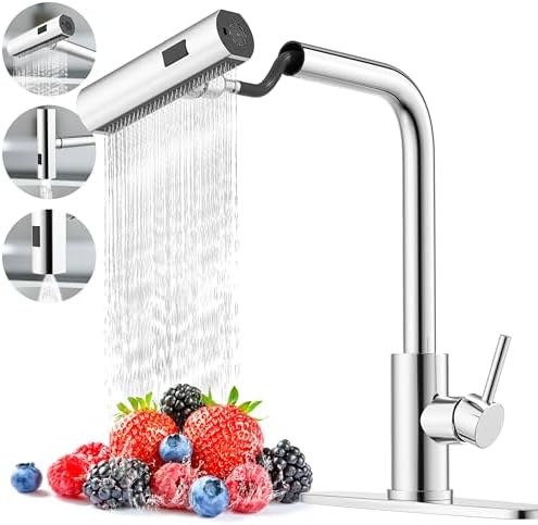 Single Hole Kitchen Faucets with Pull Down Sprayer in Chrome, Single Handle, High Flow Water, Pull Out Tap, Stainless Steel Sink Faucet, Suitable for Farmhouse Camper Laundry Rv Bar