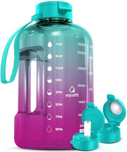 AQUAFIT 1 Gallon Water Bottle With Times To Drink - 128 oz Motivational Large - Sports Water Bottle With Time Marker & Straw - Gym Water Jug 1 Gallon