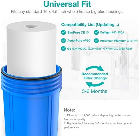 10" x 4.5" Whole House Sediment Water Filter, SimPure 5 Micron 10-inch Big Water Filter Replacement Cartridge Compatible with W15-PR, DGD-5005, FP15B, HD-950A, GXWH35F, GXWH30C for Well Water 4-Pack