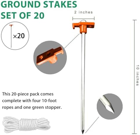 Eurmax USA Galvanized Non-Rust Camping Family Tent Pop Up Tent Stakes Ice Tools Heavy Duty 20pc-Pack, with 4x10ft Ropes & 1 Orange Stopper