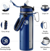 GOSWAG Insulated Sports Water Bottle, 24oz 2 Lids(with Straw/No Straw), Stainless Steel Water Bottles with Paracord Handle, Insulated Thermos with Double-Wall Vacuum Insulation