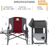 Oversized Directors Camping Chair Set of 2 Support 600 LBS, Heavy Duty Folding Outdoor Chairs with Detachable Side Pocket and Adjustable Side Table for Outside Beach,Lawn,Fishing (Red)