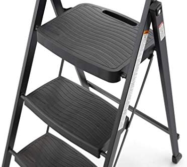 Rubbermaid 3-Step Steel Ladder, Folding Step Stool with Hand Grip and Non-Slip Feet, Black, Tested to ANSI US Safety Standards, No Assembly Required
