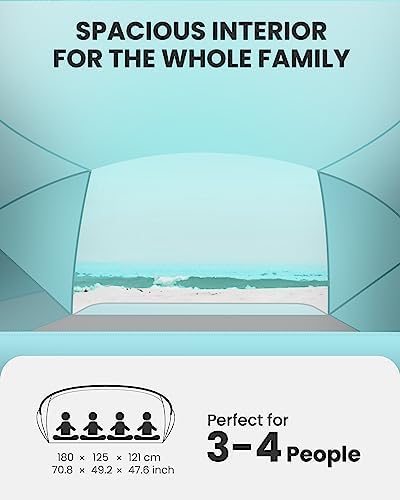 OutdoorMaster Beach Tent for 3-4 Person - Easy Setup and Portable Beach Shade Sun Shelter Canopy with UPF 50+ UV Protection Removable Skylight Family Size - Green