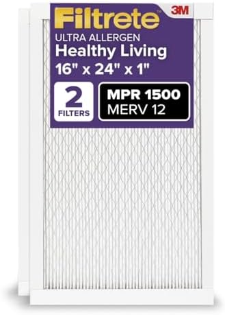 Filtrete 16x24x1 AC Furnace Air Filter, MERV 12, MPR 1500, CERTIFIED asthma & allergy friendly, 3 Month Pleated 1-Inch Electrostatic Air Cleaning Filter, 2-Pack (Actual Size 15.81x23.81x0.78 in)