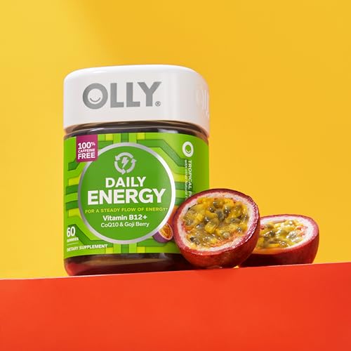 OLLY Daily Energy Gummy,Caffeine Free,Vitamin B12,CoQ10,Goji Berry,Adult Chewable Supplement,Tropical Flavor -,60 Count (Pack of 2)
