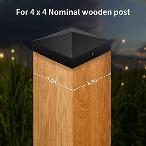 Azdele 4x4 Aluminum Pyramid Post Caps Cover for 4x4 Nominal Wood Post(Actual/True 3.5" x 3.5"), with Matte Finish Powder Coated Surface, for Fence Wood Post of Decks or Corridors(Black, 4 Pack)