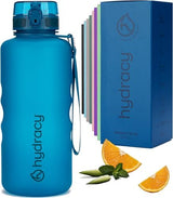 Hydracy Water Bottle with Time Marker -Large BPA Free Water Bottle & No Sweat Sleeve -Leak Proof Gym Bottle with Fruit Infuser Strainer & Times to Drink -Ideal for Fitness Sports & Outdoors