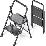 KINGRACK 2 Step Ladder, Folding Step Stool with Safe-Lock Design, 500 lbs Sturdy Steel Ladder with Wide Anti-Slip Pedal, Convenient Handrail for Household and Kitchen, Black