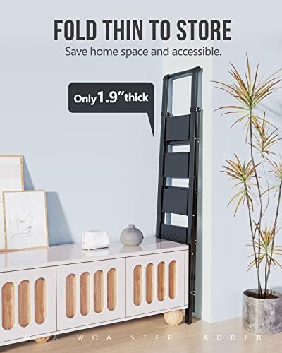 WOA WOA 5 Step Ladder, Ladders for Home, Anti-Slip Pedals, Aluminum Step Stool Foldable, Lightweight to Move, Ease of Storage, Reach 10ft for Closet Kitchen Library, Hold 300lbs - Black