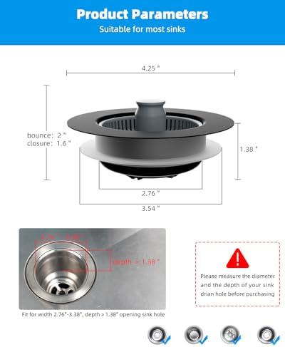 Hibbent 2 Pack 3 in 1 Kitchen Sink Drain Strainer and Stopper Combo, Stainless Steel Metal Pop Up Sink Stopper, Anti-Clogging Basket Strainer with Handle for US Standard 3-1/2 Inch Drain, Black