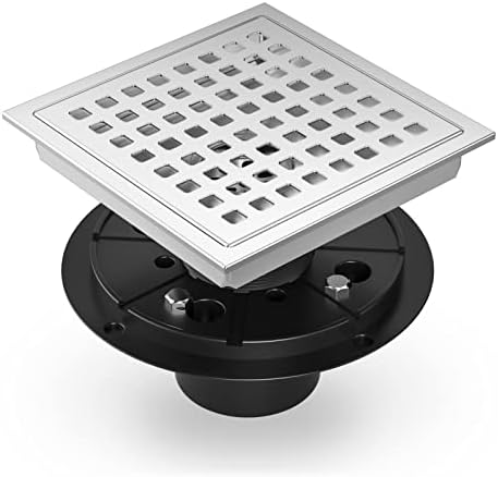 EXF 6 Inch Square Shower Drain Chrome, Stainless Steel Shower Floor Drain Kit with ABS Flange, Removable Grid Cover, Hair Strainer