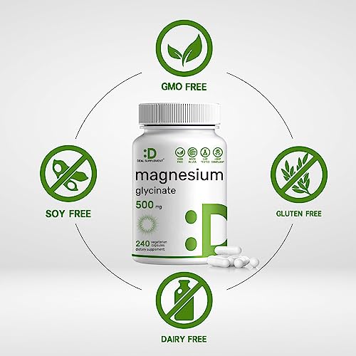 Magnesium Glycinate 500mg, 240 Veggie Capsules | Chelated | Highly Purified Essential Trace Mineral for Muscle, Joint, Heart, & Digestive Health