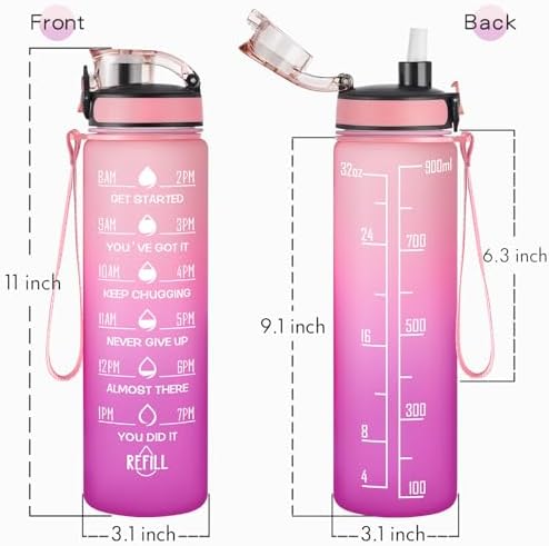 Enerbone Water Bottle, Leakproof BPA & Toxic Free, Motivational Water Bottle with Times to Drink and Straw, Fitness Sports Water Bottle with Strap for Office, Gym, Outdoor Sports