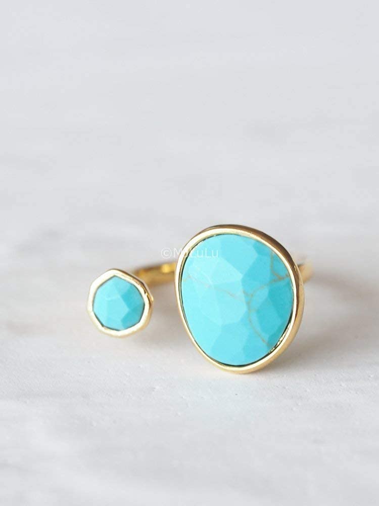 MJLULU 14K Gold-Plated Statement Ring with Simulated Blue Turquoise