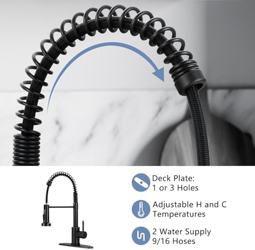 DJS Kitchen Faucets with Pull Down Sprayer Oil Rubbed Bronze -【High Arc】 Single Handle 1 or 3 Holes Spring Kitchen Sink Faucet with Deck Plate for Farmhouse RV Vessel Basin