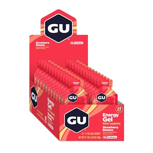 GU Energy Original Sports Nutrition Energy Gel, Vegan, Gluten-Free, Kosher, and Dairy-Free On-the-Go Energy for Any Workout, 24-Count, Strawberry Banana