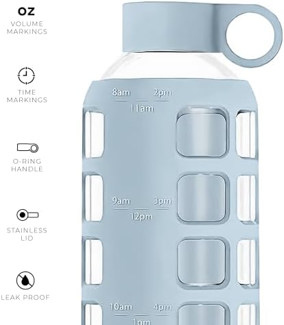 purifyou 40/32/22/12 oz Borosilicate Glass Water Bottles with Volume Markers, Silicone Sleeve, Stainless Steel Lid, Reusable Bottle for Water, Juice, Gym, and Fridge Storage (22oz Ice Blue)