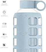 purifyou 40/32/22/12 oz Borosilicate Glass Water Bottles with Volume Markers, Silicone Sleeve, Stainless Steel Lid, Reusable Bottle for Water, Juice, Gym, and Fridge Storage (22oz Ice Blue)