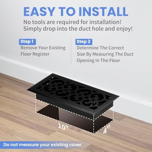 4x10 Inches Heavy Duty Walkable Floor Register Easy Adjust Air Supply Lever Floor Vents - Charlotte Design - Vent Cover for Home Floor - Matte Black