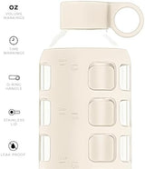 purifyou 40/32/22/12 oz Borosilicate Glass Water Bottles with Volume Markers, Silicone Sleeve, Stainless Steel Lid, Reusable Bottle for Water, Juice, Gym, and Fridge Storage (32oz Pearled Ivory)