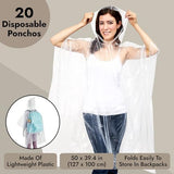 Juvale 20-Pack Disposable Rain Ponchos with Hood for Adults, Lightweight Emergency Plastic Poncho for Outdoor Events, Travel, Camping, Hiking, and Festivals, Clear