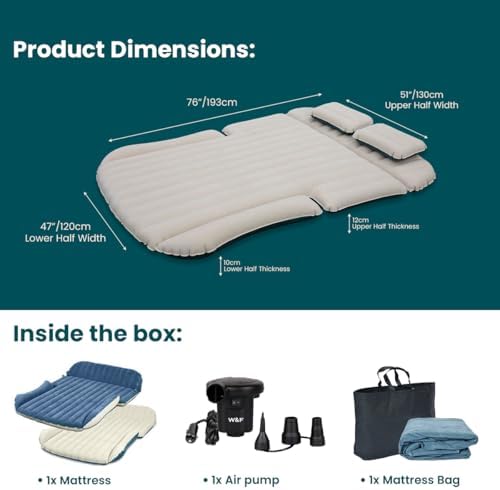 WEY&FLY Car Air Mattress for SUV, Quick Inflation Travel Bed with Air Pump, Portable Sleeping Pad for Camping, Fits Most SUVs and Sedans, Comfortable and Durable