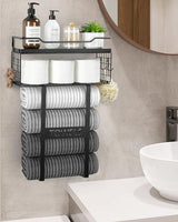 Wall Mounted Towel Rack for Bathroom - Bath Storage Holder Set Above Toilet, Rolled Towel Shelf Organizer, Wood Vertical Rack for Small Bathroom Decor, Black