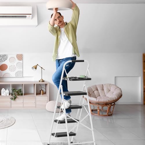 BONTEC 4-Step Ladder, 400lbs Max Load, Folding Step Stool with Tool Tray, Anti-Slip Pedals, Sturdy Steel, Lightweight Portable Ladder with Handrail for Home & Work Use, White