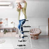 BONTEC 4-Step Ladder, 400lbs Max Load, Folding Step Stool with Tool Tray, Anti-Slip Pedals, Sturdy Steel, Lightweight Portable Ladder with Handrail for Home & Work Use, White